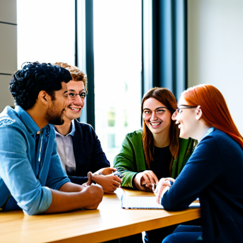 Home 11 A diverse group of university students, fully clothed in modest, casual-professional attire, actively collaborating around a large table in a bright, modern university common area. They are engaged in a lively discussion, brainstorming ideas, and pointing at notes, demonstrating a dynamic culture of engagement and shared purpose. The scene is captured with professional photography, cinematic lighting, and a vibrant atmosphere. safe for work, appropriate content, fully clothed, professional, perfect anatomy, correct proportions, natural pose, well-formed hands, proper finger count, natural body proportions, high quality.