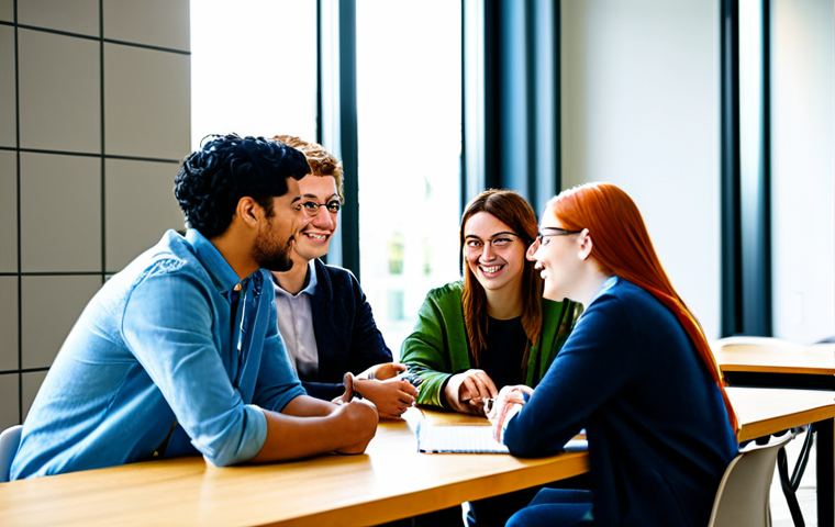 A diverse group of university students, fully clothed in modest, casual-professional attire, actively collaborating around a large table in a bright, modern university common area. They are engaged in a lively discussion, brainstorming ideas, and pointing at notes, demonstrating a dynamic culture of engagement and shared purpose. The scene is captured with professional photography, cinematic lighting, and a vibrant atmosphere. safe for work, appropriate content, fully clothed, professional, perfect anatomy, correct proportions, natural pose, well-formed hands, proper finger count, natural body proportions, high quality.