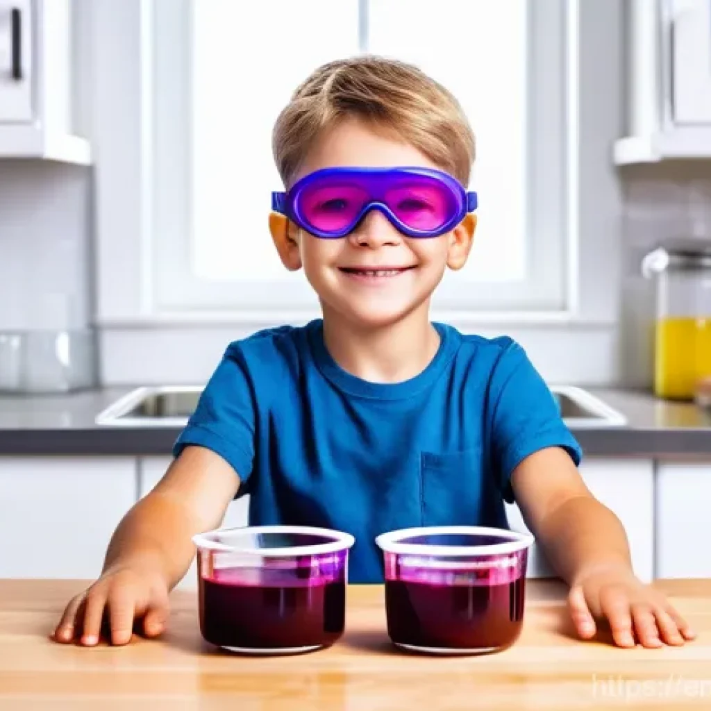 기초 과학 실험 - **A vibrant kitchen chemistry scene:** A curious child, approximately 8-10 years old, with bright ey...