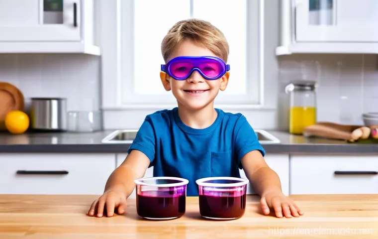 기초 과학 실험 - **A vibrant kitchen chemistry scene:** A curious child, approximately 8-10 years old, with bright ey...