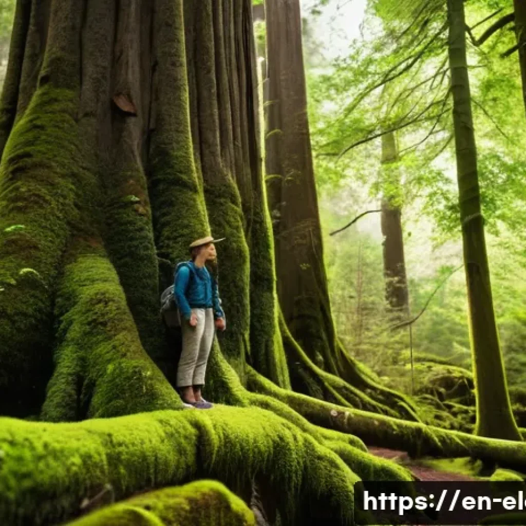 자연 탐방 및 생태 체험 - **Prompt:** A young adult, dressed in comfortable, modest hiking attire, stands peacefully amidst a ...
