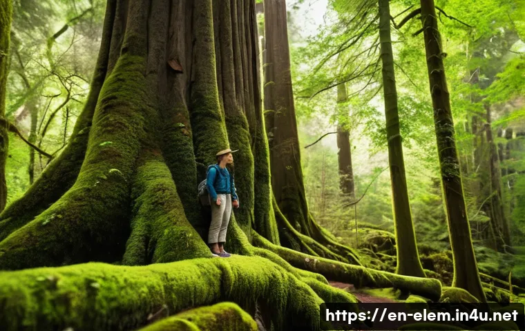 자연 탐방 및 생태 체험 - **Prompt:** A young adult, dressed in comfortable, modest hiking attire, stands peacefully amidst a ...