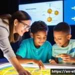 과학관 방문 학습 - A vibrant science museum scene featuring diverse visitors of all ages engaging with interactive exhi...