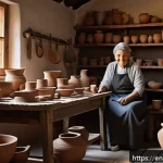 전통 문화 체험 - A cozy artisan pottery workshop in a rustic village studio, natural light streaming through wooden w...