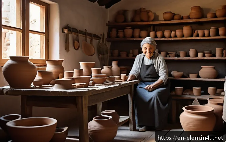 전통 문화 체험 - A cozy artisan pottery workshop in a rustic village studio, natural light streaming through wooden w...